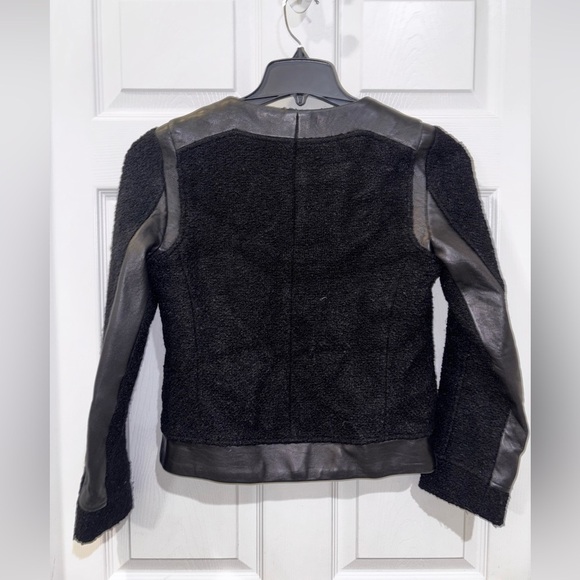 Club Monaco Motorcycle Jacket Womens SZ0 Black Wool Boucle Lambskin Leather Trim - Picture 7 of 12